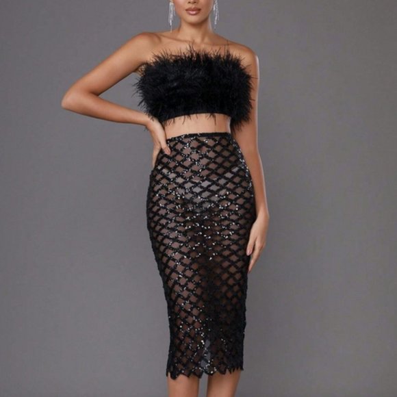 . Tops - Black fuzzy Feather Trim Crop Tube Top & Sexy Sequin Pencil Skirt